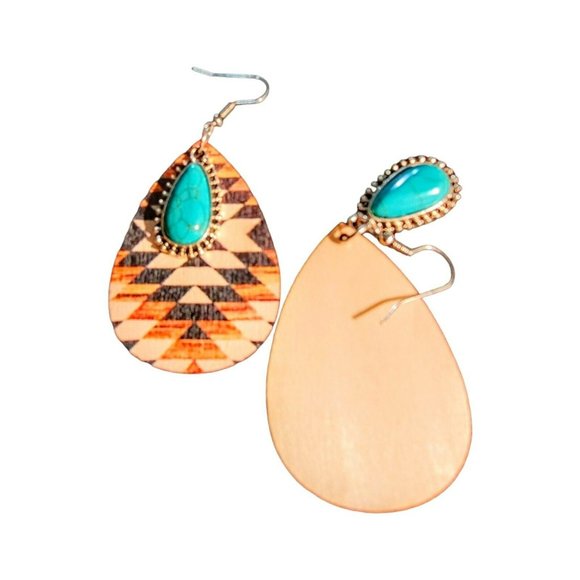 Women's Native American Earrings Painted Design on Wood Silver Tone Faux Turq Te - Picture 3 of 4